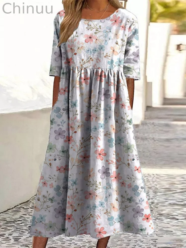 Women's Vintage Lovely Floral Art Print Pocket Cotton Dress
