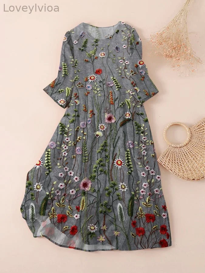 Women's Vintage Floral Embroidery Design Printed Dress
