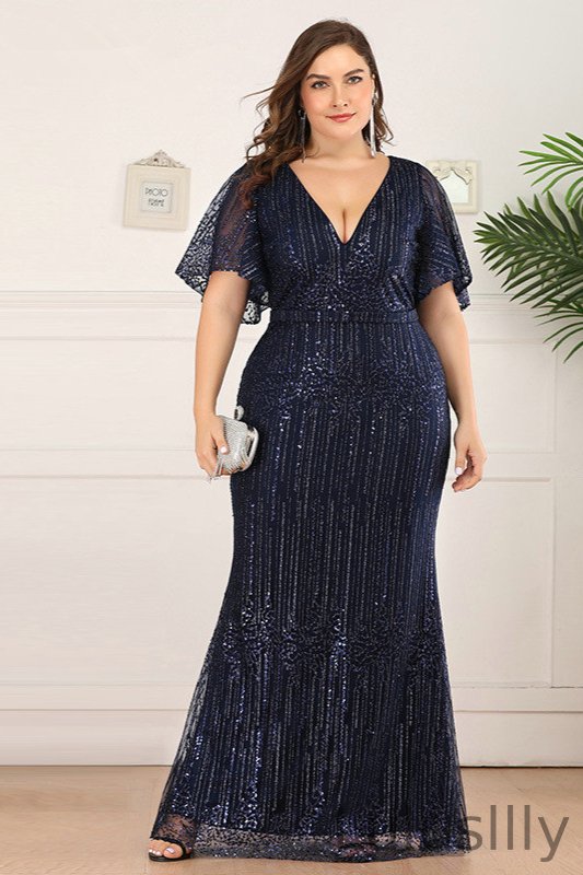 Gorgeous V-Neck Short Sleeve Sequins Plus Size Prom Dress Mermaid Long Evening Gowns - lulusllly