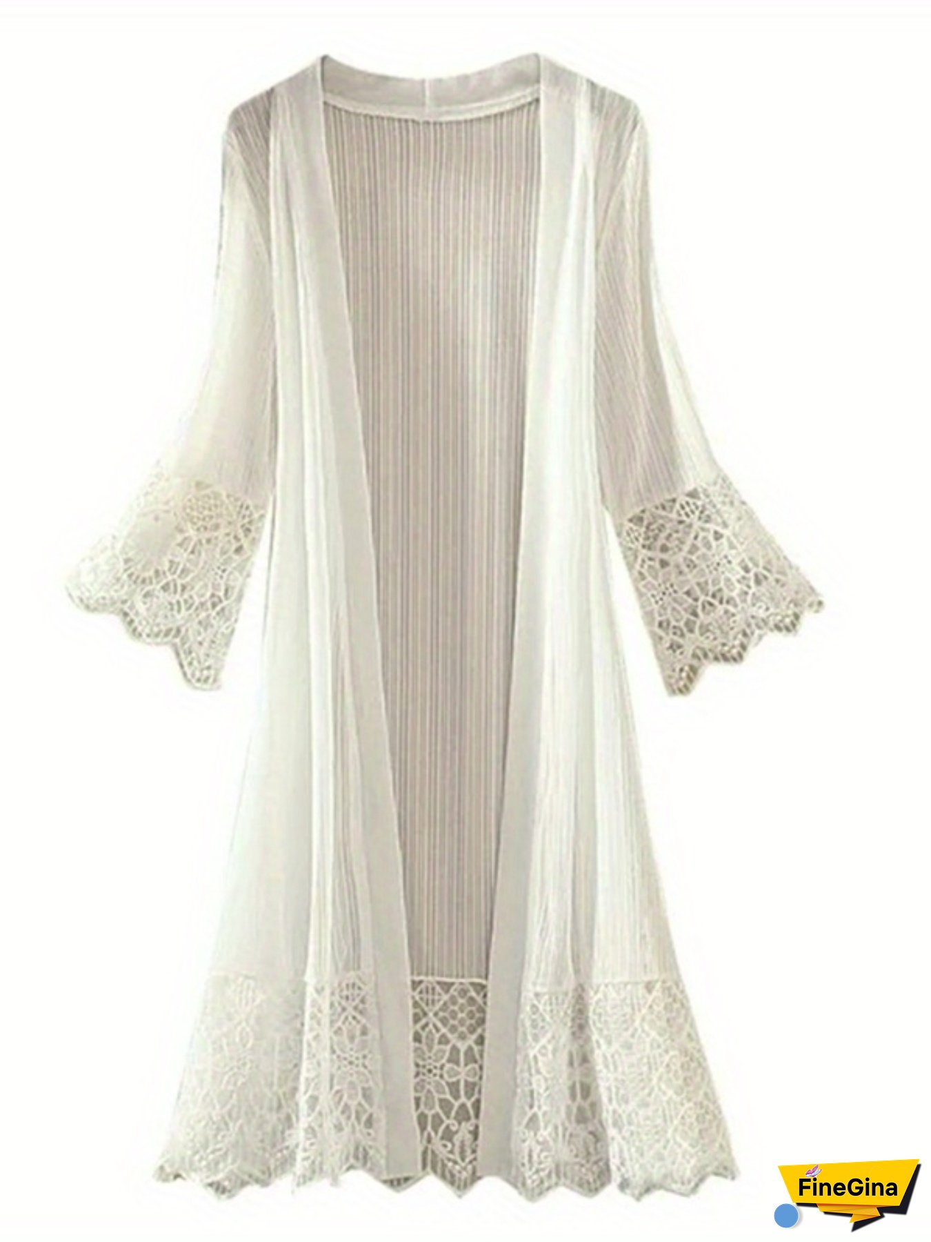 Women's Long Cardigan Loose See Through Patchwork Lace Flare Sleeve Sun Protection Shirts Casual Streetwear