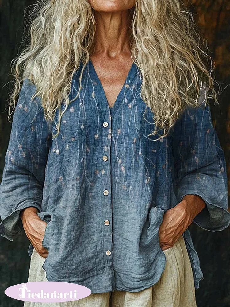 Women's Boho Flowers and Plants Art Print Linen And Cotton V-neck Casual Shirt