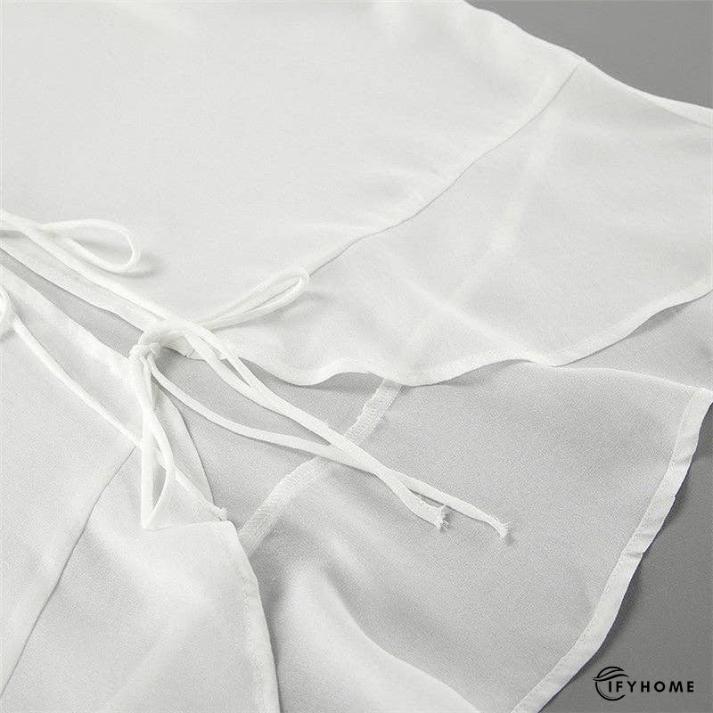 White Tie-Up Top With Mandarin Collar | IFYHOME