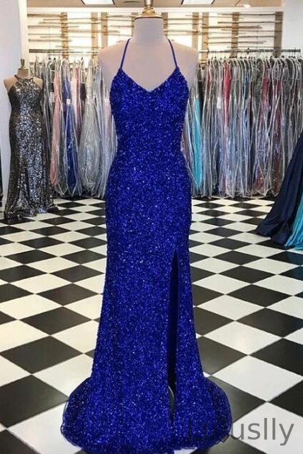Luluslly Royal BlueV-Neck Halter Prom Dress Mermaid Sequins Party Gowns