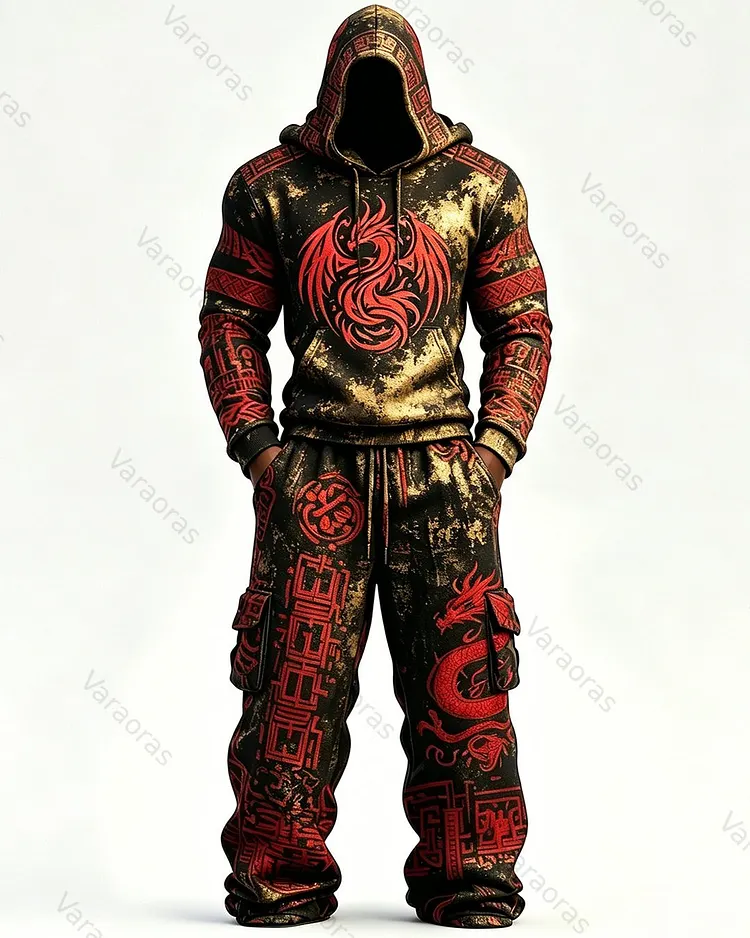 Men's Fashion Contrast Colo Red Dragonr Embroidered Hoodie & Pants Two-Piece Set 8873