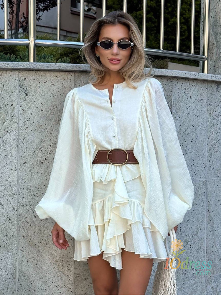 IO Dress Causal Lotus Leaf Edge Loose Long Dress Elegant Women Long Sleeve Guaze Solid Maxi Vestidos 2025 Summer Chic Party Street Outfit IO Dress