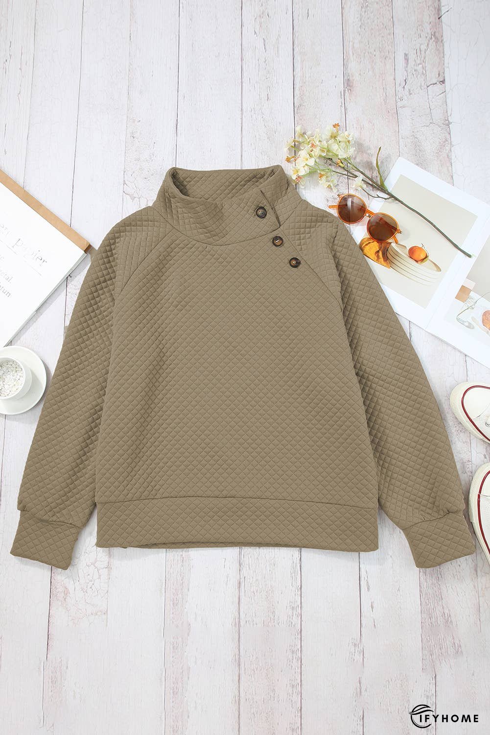 Quilted Buttoned Neckline Stand Neck Pullover Sweatshirt | IFYHOME