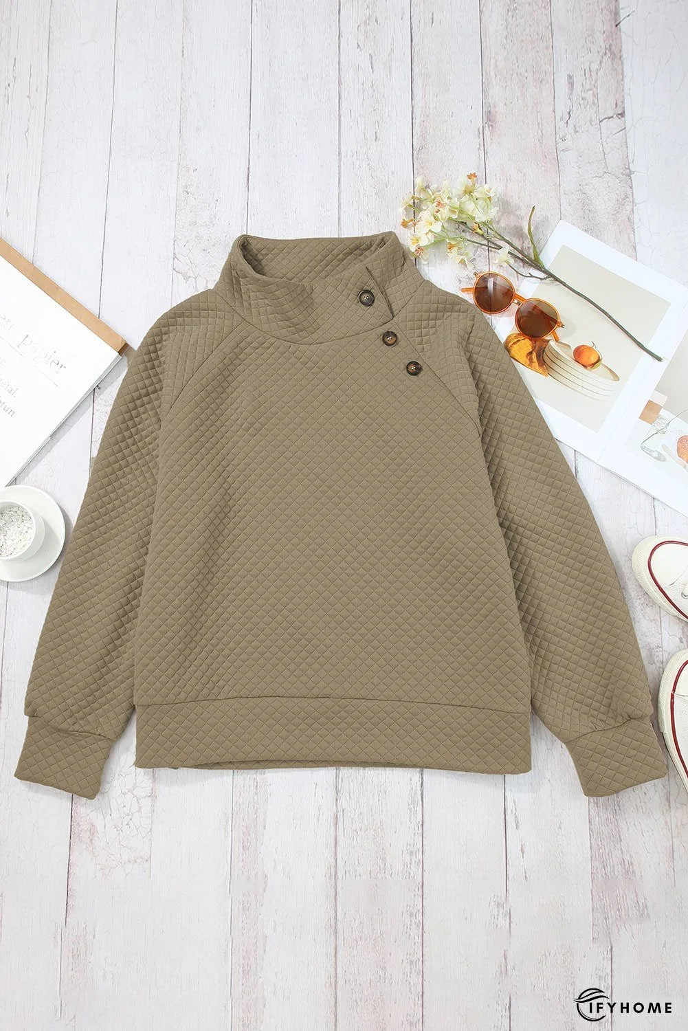 Quilted Buttoned Neckline Stand Neck Pullover Sweatshirt | IFYHOME