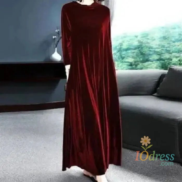 IO Dress Elegant Long Sleeve Velvet Dress Autumn Spring New Style Puffy Collar Slimming Tummy Covering Mid-Length Gown Princess Sleeve