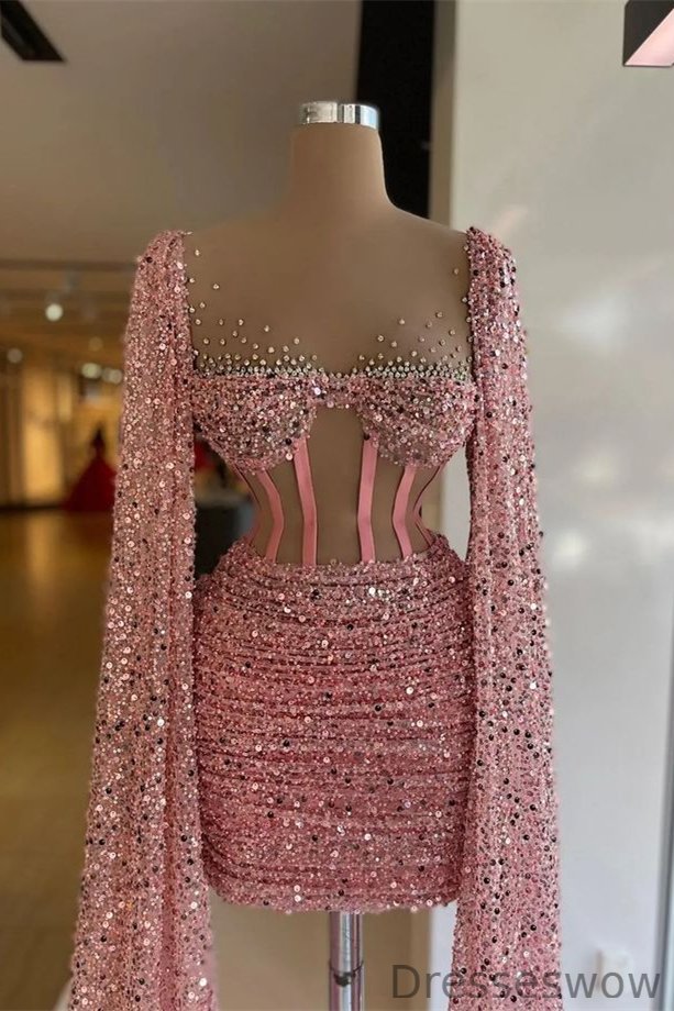 Dresseswow Pink Long Sleeves Short Prom Gown With Sequins Beads V-Neck
