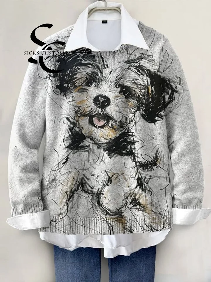Lovely Hand-Painted Dog Art Pullover Sweater