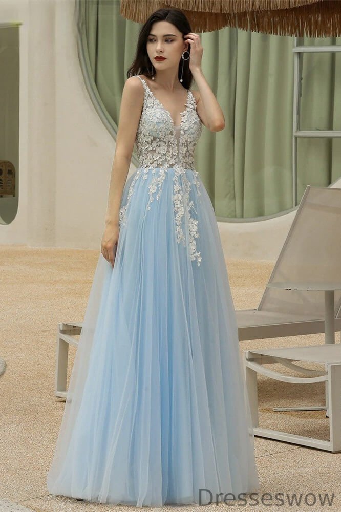 Dresseswow Sky Blue V-Neck Prom Dress Tulle Long With Appliques