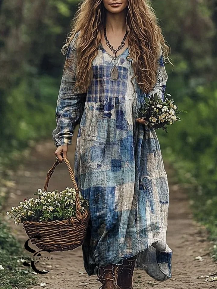 Women's Vintage Imitation Patchwork Print Cotton Pocket Dress