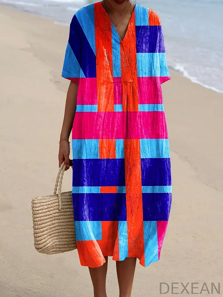 Women's Colorful Geometric Stripes Abstract Art Print Flowy Dress