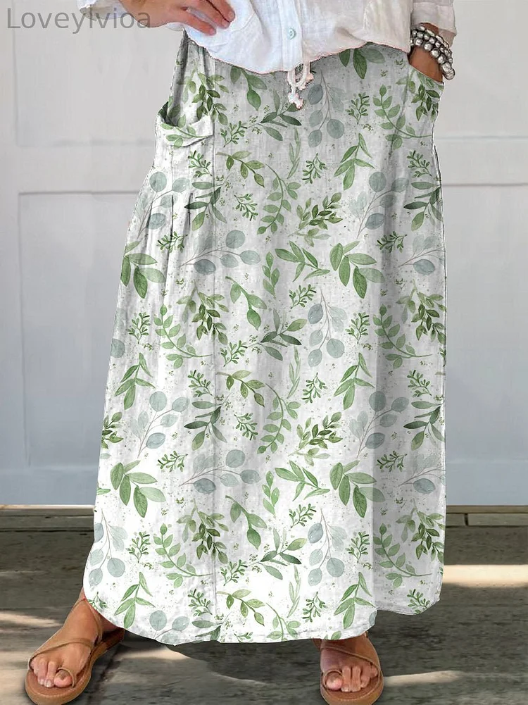 Women's Greens Fern Eucalyptus Greenery Leaf Linen Pocket Skirt
