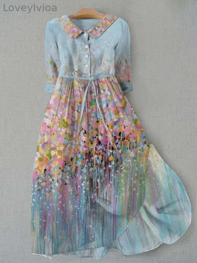 Women's Vintage Botanical Floral Design Print Lace-Up Dress
