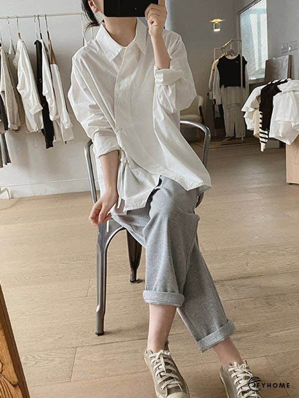 Loose Long Sleeves Frenum Solid Color Lapel Blouses | IFYHOME