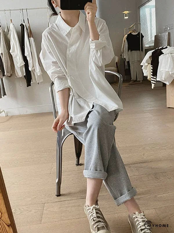 Loose Long Sleeves Frenum Solid Color Lapel Blouses | IFYHOME