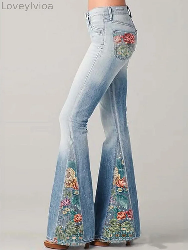 Denim Casual Floral Pattern Pocket Flare Leg Pants