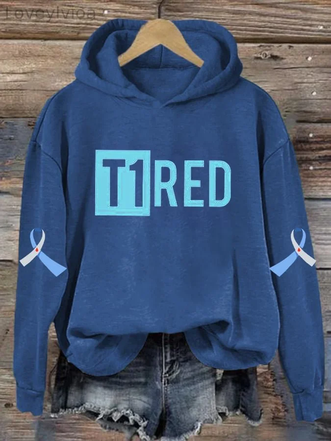 Women's T1 Red Diabetes Awareness Print Hoodie Long Sleeve Sweatshirt