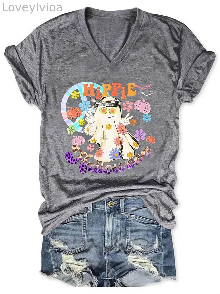 Women's Hippie Halloween Boo Print Casual T-Shirts