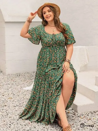 Plus Size Printed Short Sleeve Tiered Maxi Dress | IFYHOME
