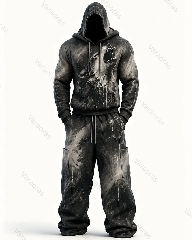 Men's Fashion Gradient Wolf Embroidered Hoodie & Pants Two-Piece Set 9901