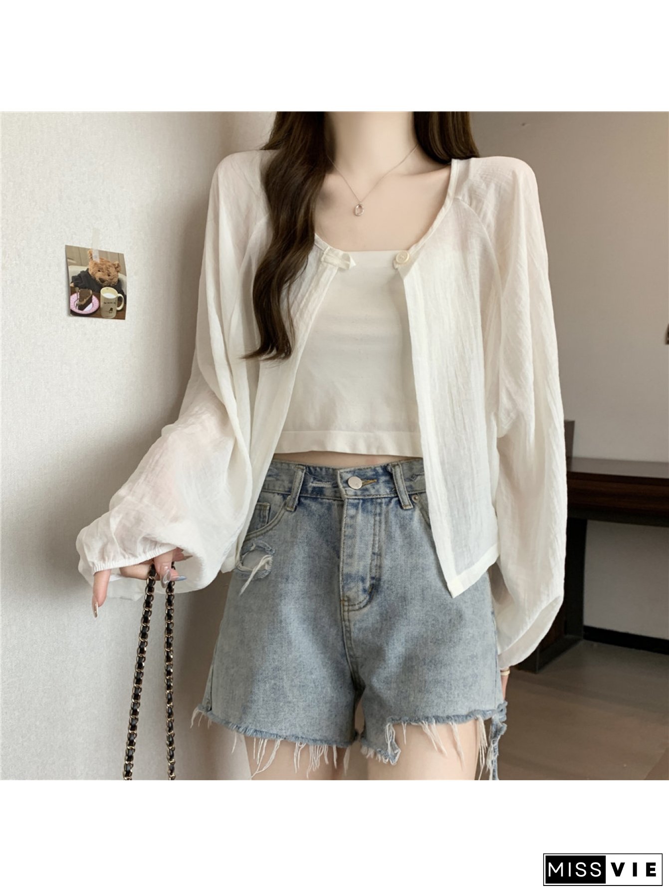 Womens Lightweight Chiffon Shirt Jacket Sunproof Blouse With Long Raglan Sleeves Non