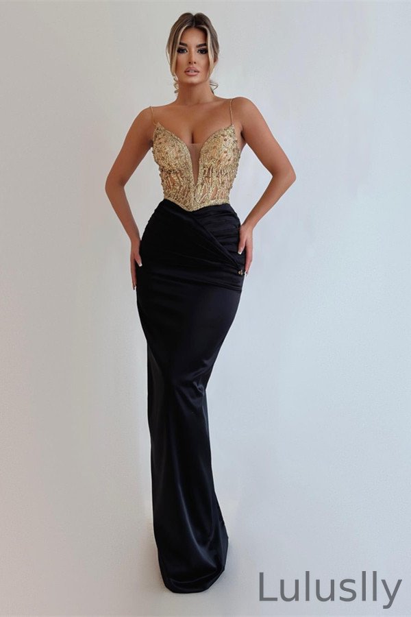 Luluslly Black Spaghetti-Straps Prom Dress Mermaid Sleeveless With Beads