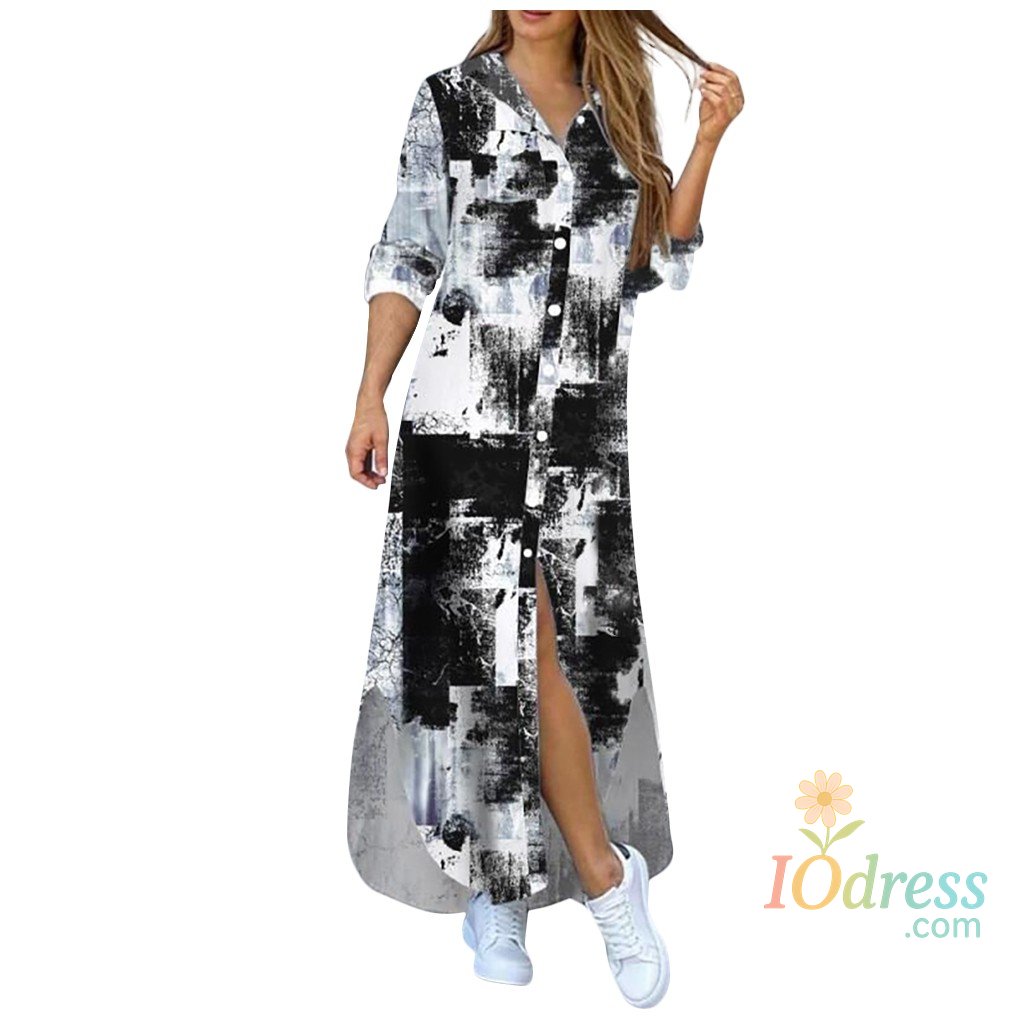 IO Dress New Autumn Long Dress Long Sleeve Shirt Dress Women Denim Long Dresses Pocket Button Shirt Print Dress Casual Loose Dresses 2023