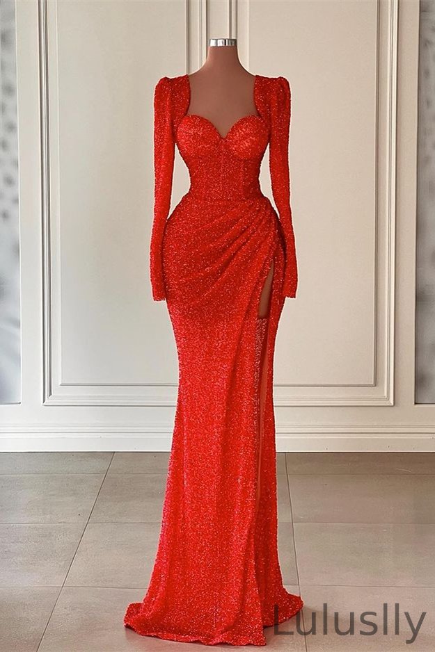 Luluslly Red Sweetheart Long Sleeves Mermaid Prom Dress Sequins With Slit