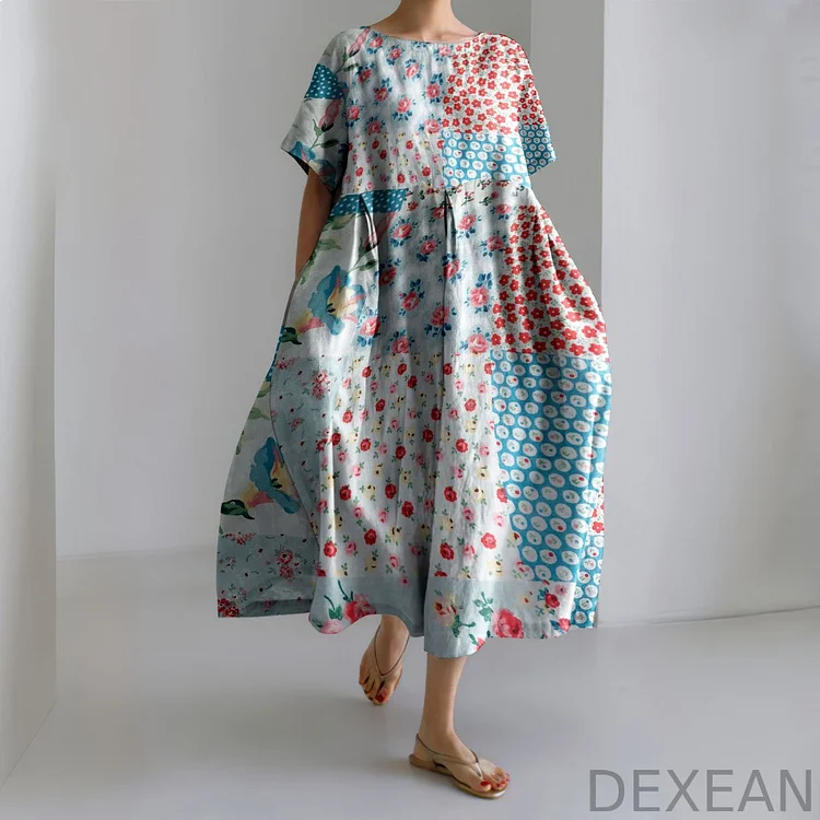 Squares Patchwork And Ditsy Floral Art Linen Blend Comfy Maxi Dress