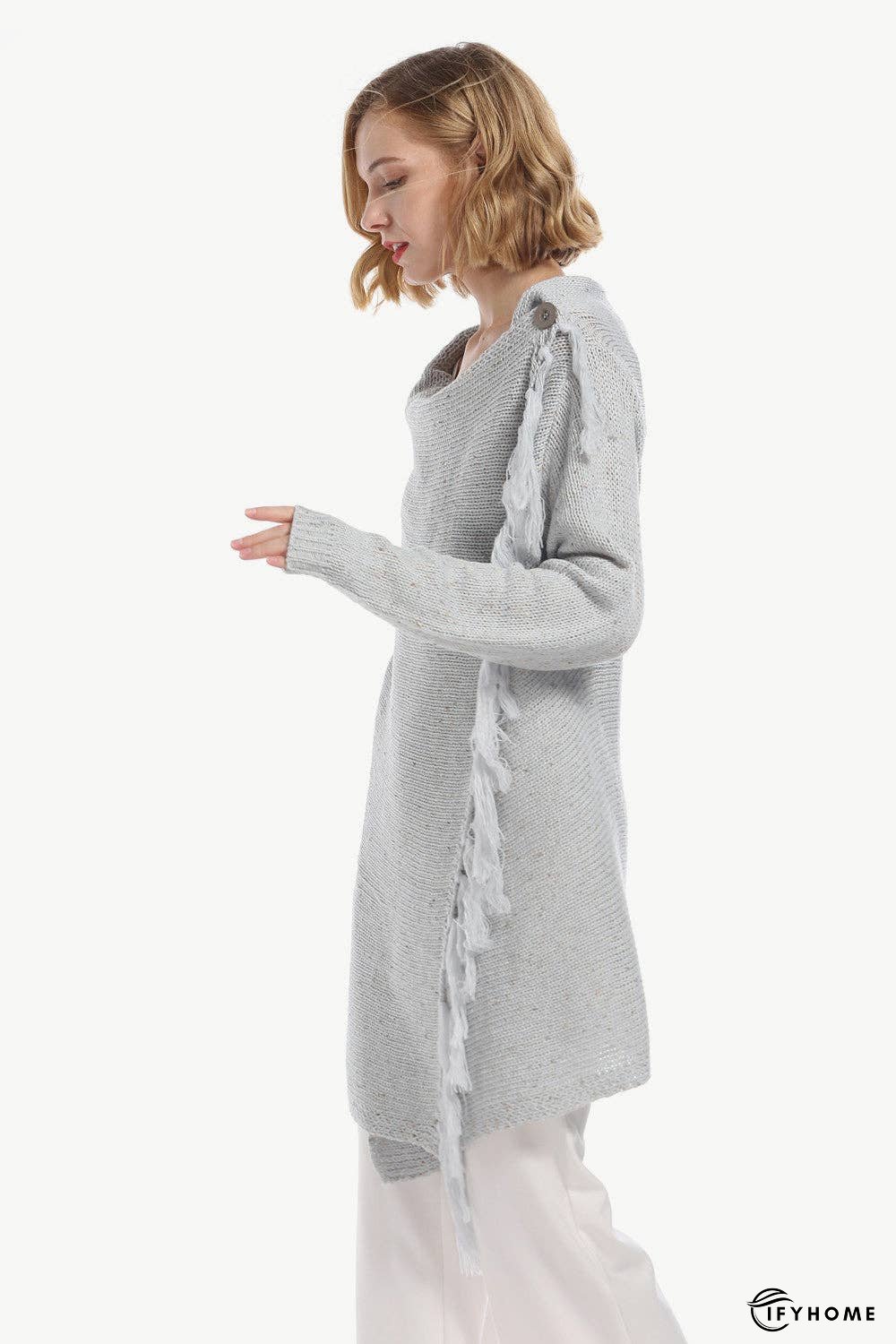 One-Button Tassel Tie Asymmetrical Hem Cardigan | IFYHOME