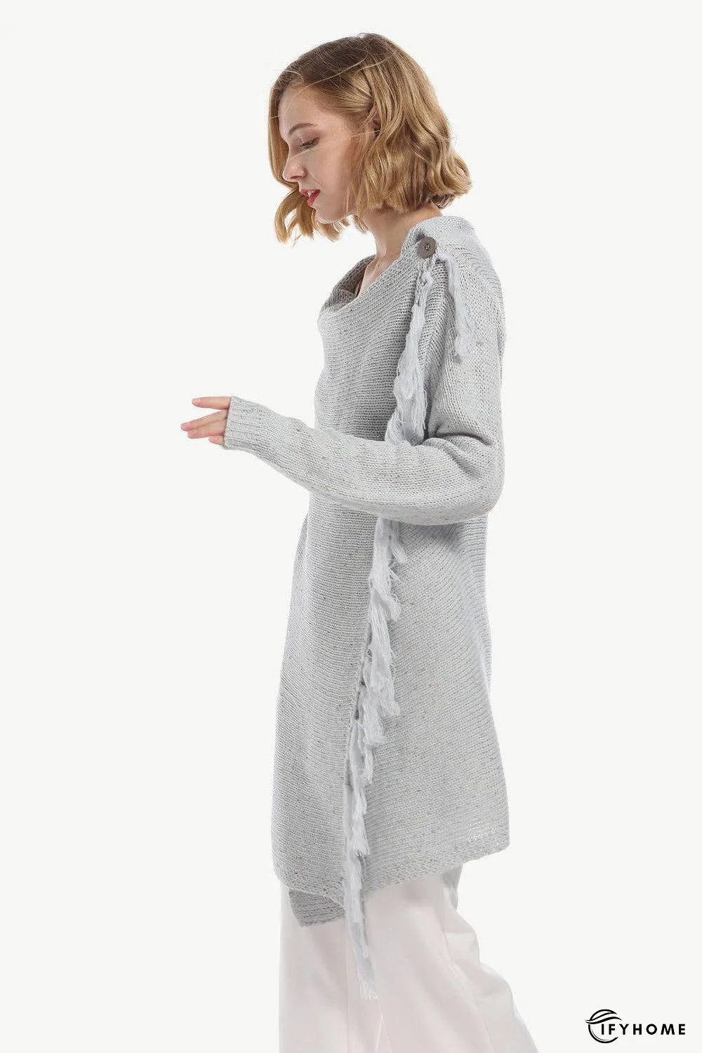 One-Button Tassel Tie Asymmetrical Hem Cardigan | IFYHOME