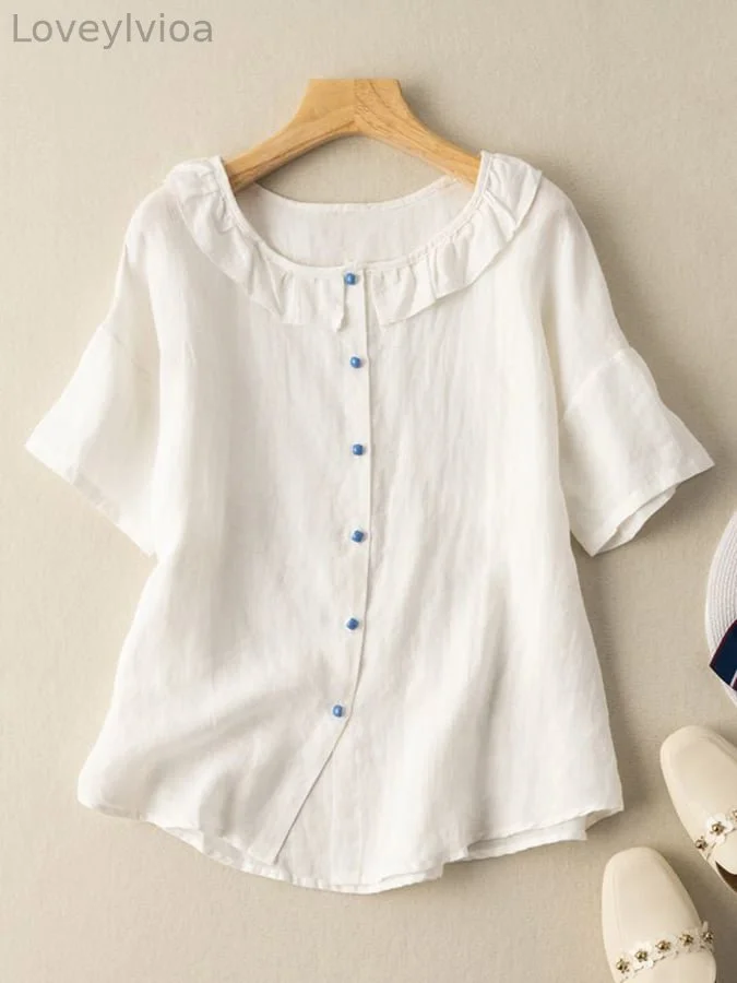 Women's Ruffled Round Neck Button Up Shirt
