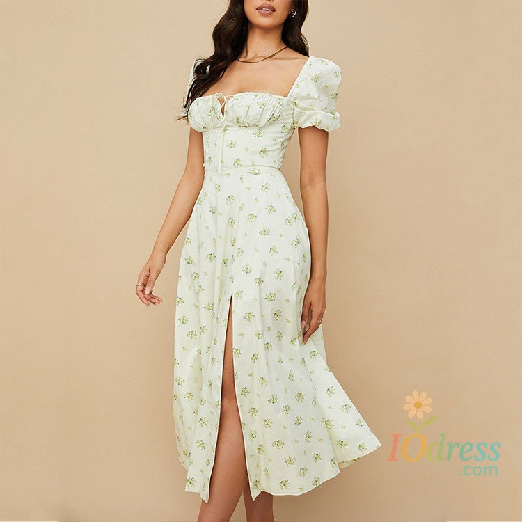 IO Dress New Women Floral Dress Summer PuffSleeve Square Neck Tie Front High SplitDress Ruched Drawstring Chic DressesPrint Long