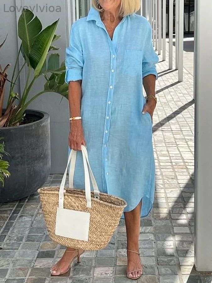 Women's Casual Solid Color Loose And Comfortable Cotton And Linen Shirt Dress