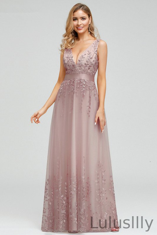 Glamorous V-Neck Sleeve Long Prom Dress Appliques Evening Party Gowns Online - lulusllly