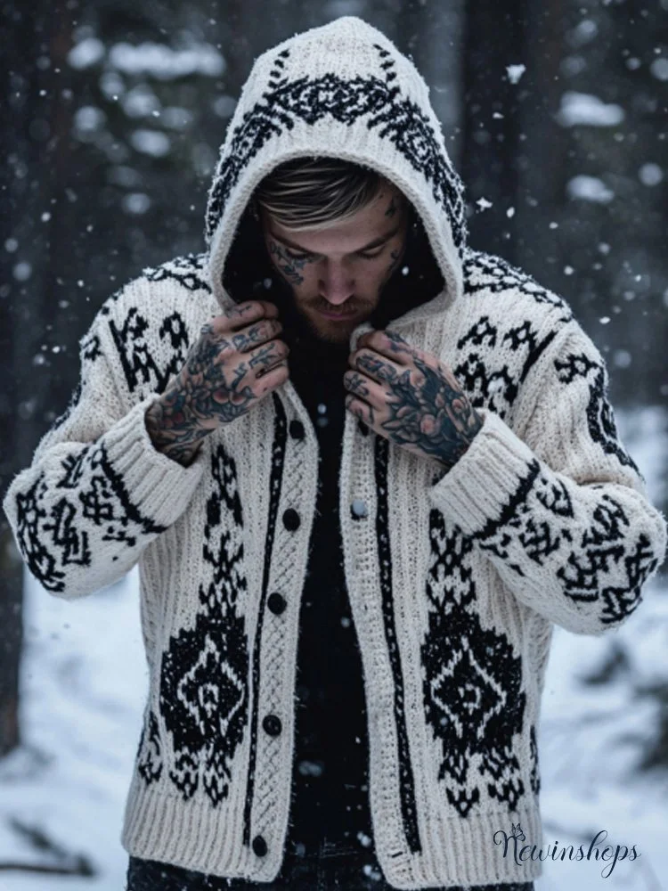 Men's Retro Viking Tribal Celtic Contrast Patchwork Chunky Hooded Cardigan Sweater