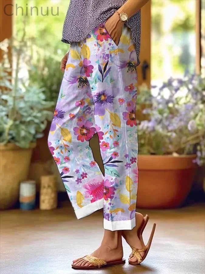 Women's Purple Floral Print Casual Pants