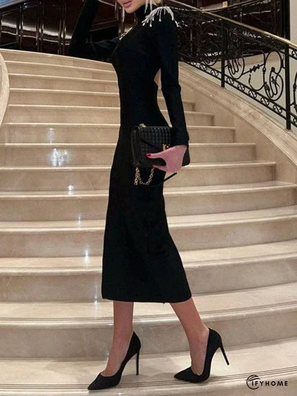 Long Sleeves Skinny Back Cross Split-Side Tasseled High Neck Evening Dresses Maxi Dresses | IFYHOME