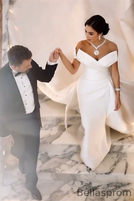 Bellasprom Off-the-Shoulder Satin Mermaid Wedding Dress With Overskirt Ruffle Bellasprom