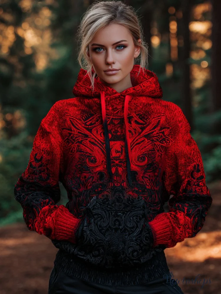 Women's Vintage Viking Tribal Celtic Skull Gradient Art Chunky Knit Hooded Sweater