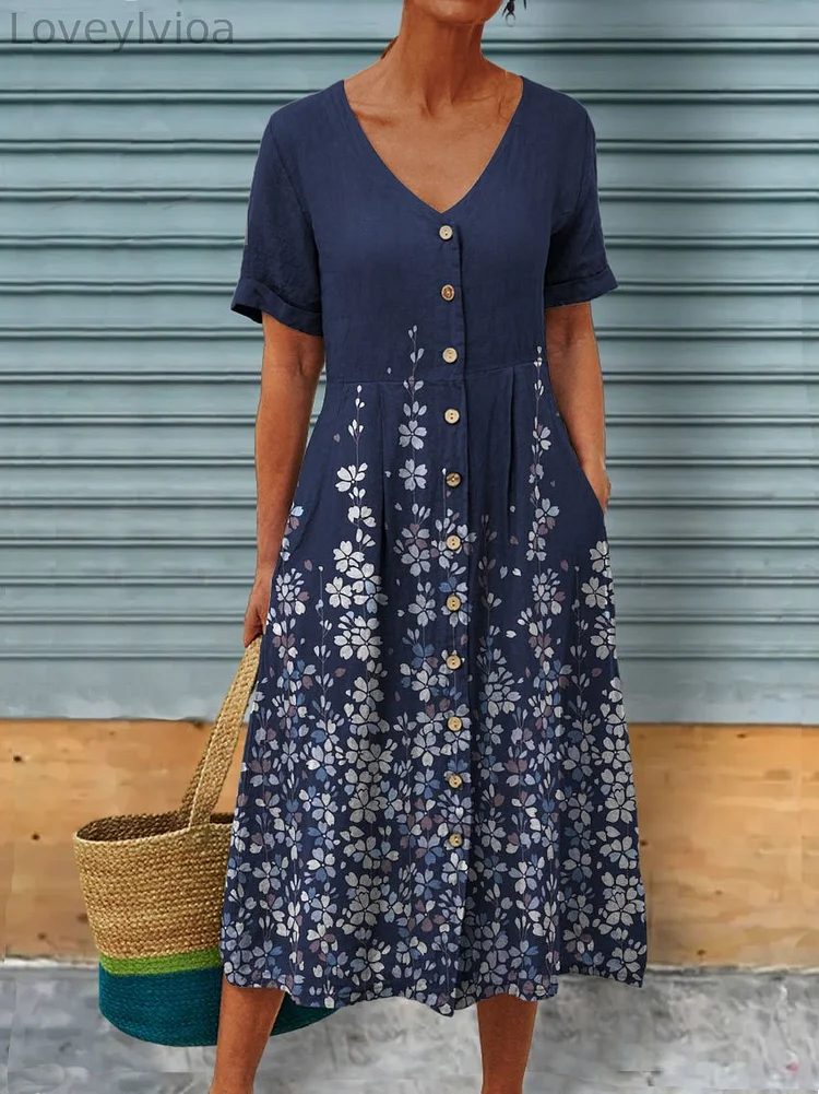 Flower Art Printed Women's Linen Pocket Tunic Dress