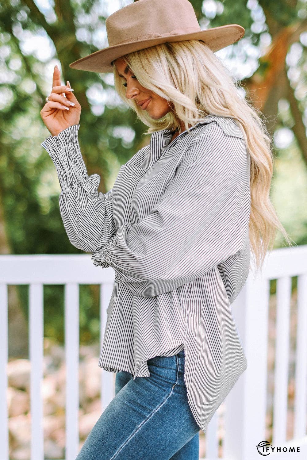 Striped Lantern Sleeve Collared Shirt | IFYHOME
