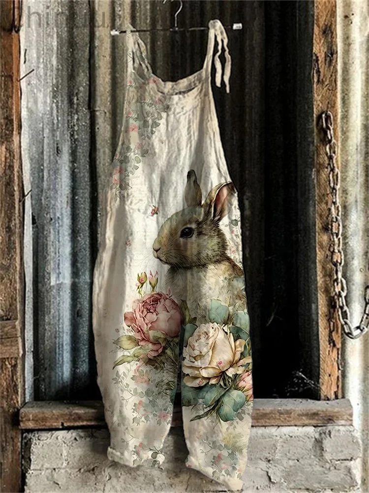 Vintage Bunny Floral Art Loose Fit Jumpsuit