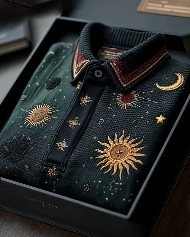 Men's 3D Star and Moon Embroidered Contrast Color Panel Shirt 110d