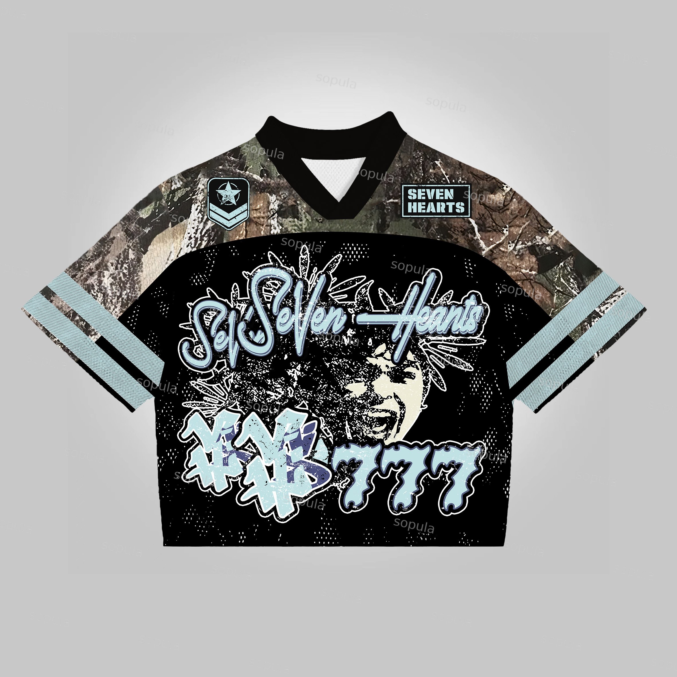 Vintage Seven Hearts Graphics Blokecore Blokette Cropped V-neck Jersey T-shirt