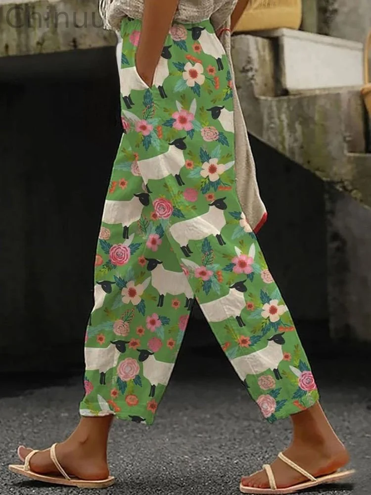 Fun Sheep And Floral Print Pocket Casual Pants