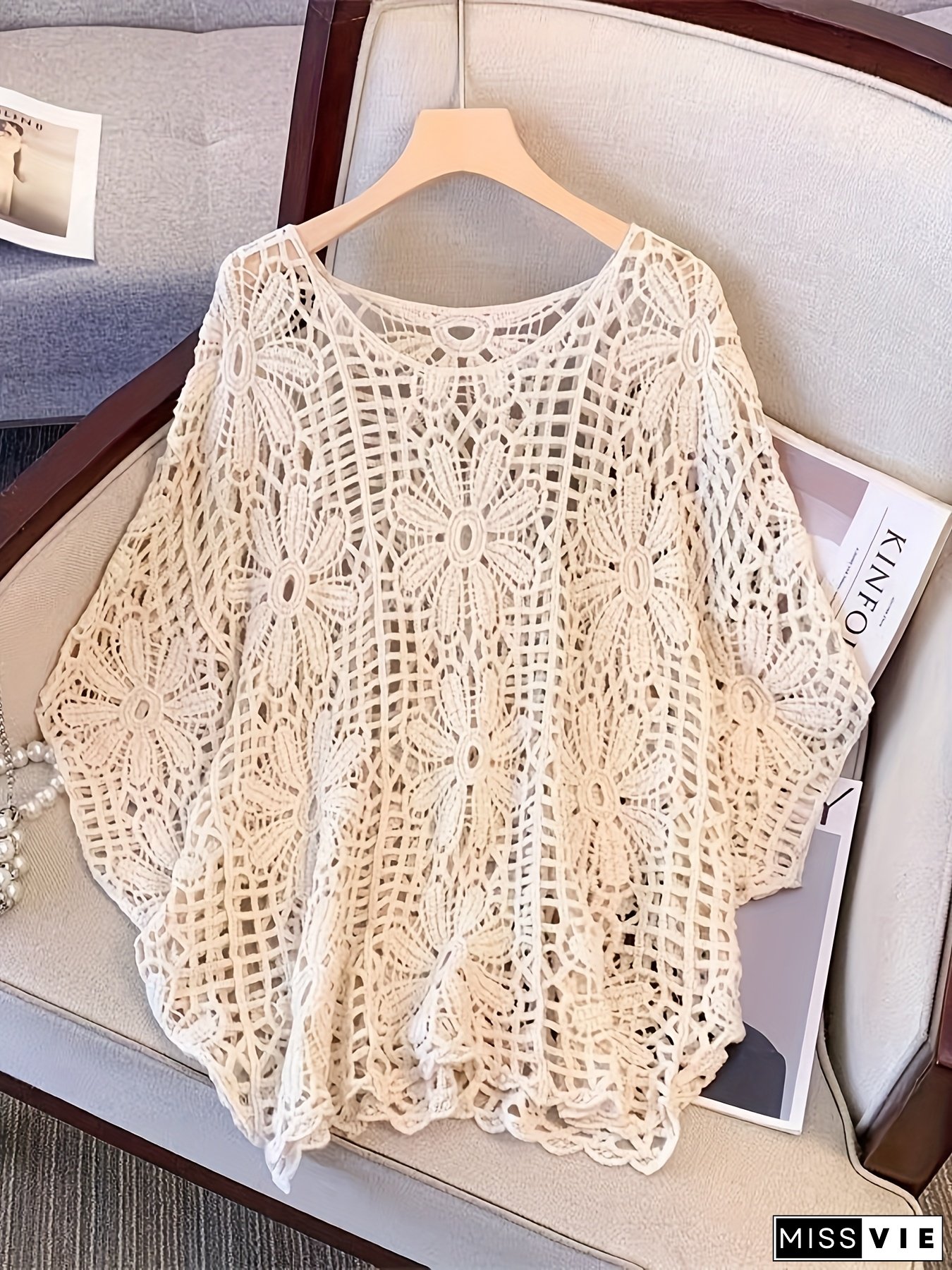 [Summer Cover-Up] Lightweight Summer Women's Batwing Sleeve Cover-Up | Round Neck Semi-Sheer Geometric Lace-Like Pattern Pullover, Breathable Solid Color Top For Beach, Casual & Office Wear, Beach Coverup, Elegant Pullover, Intricate Knitwork