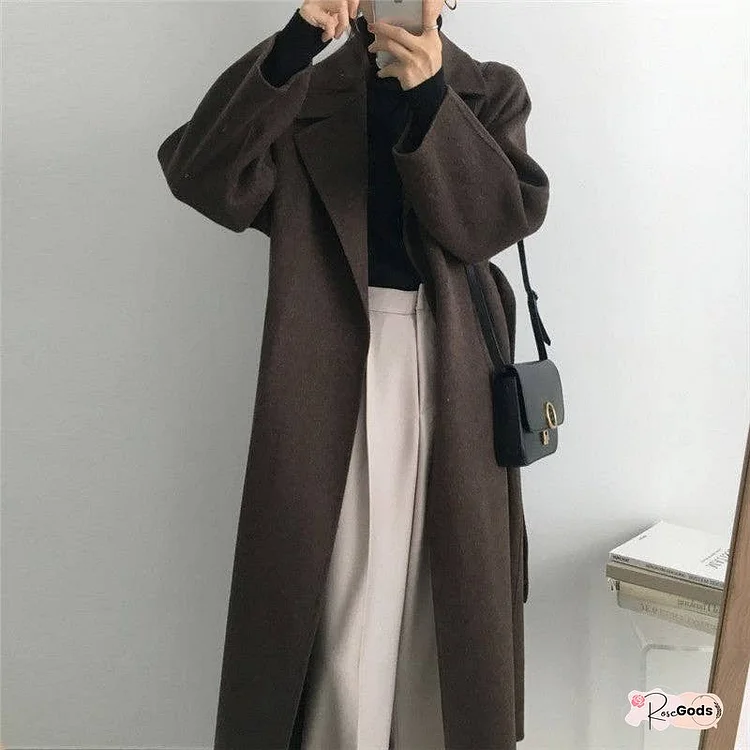 Loose Fit Longline Wool Blend Coat With Tie Waist